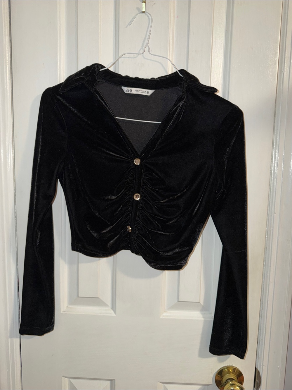 Zara Black Velvet Ruched Button Crop Shirt